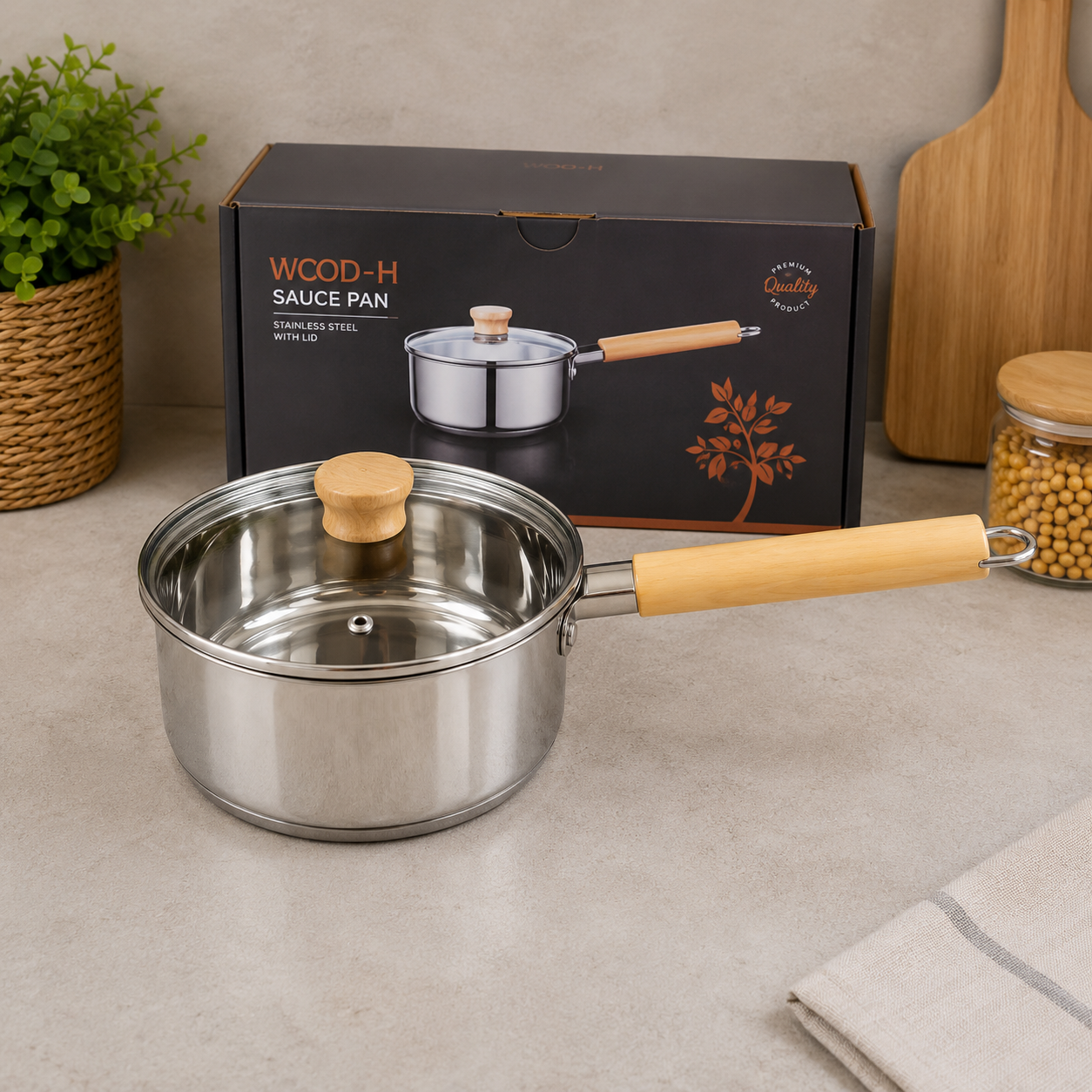 Premium Stainless Steel Sauce Pan with Wooden Handle – 20cm