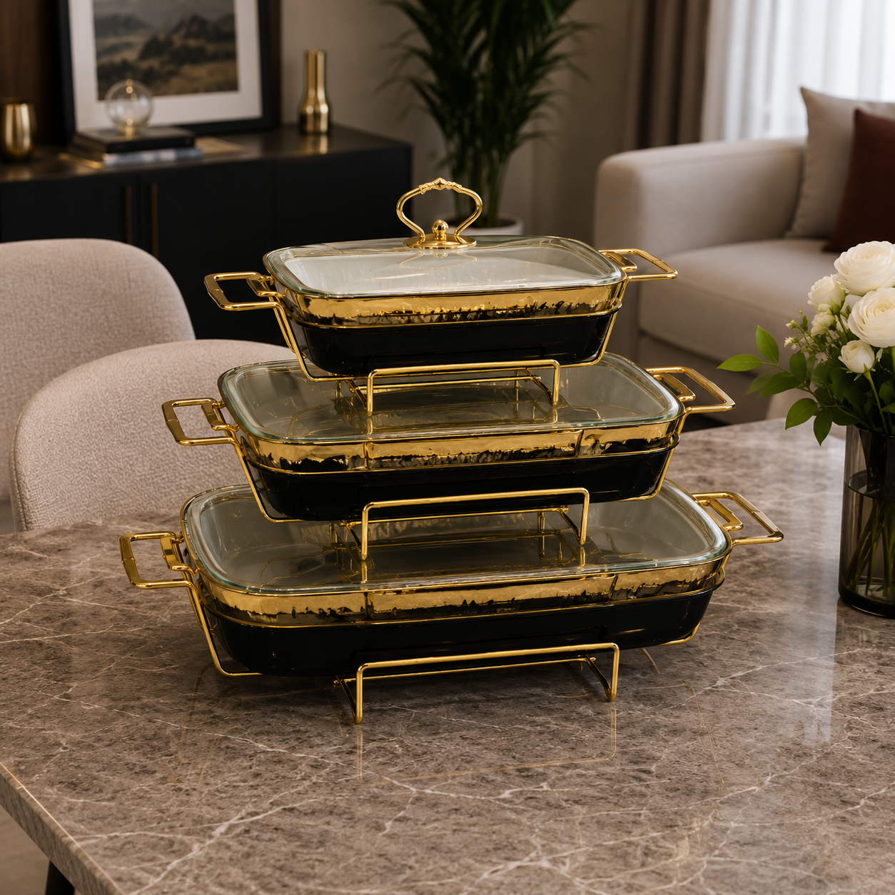 Rectangular Black Glass Lid Serving Dish Set