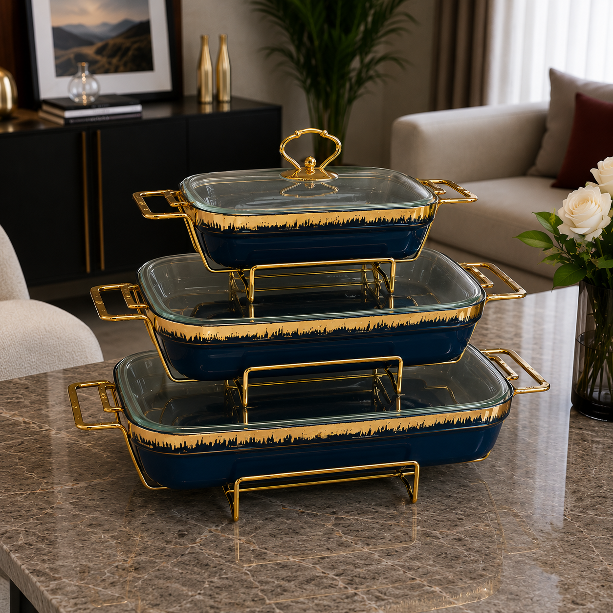 Rectangular Blue Glass Lid Serving Dish Set