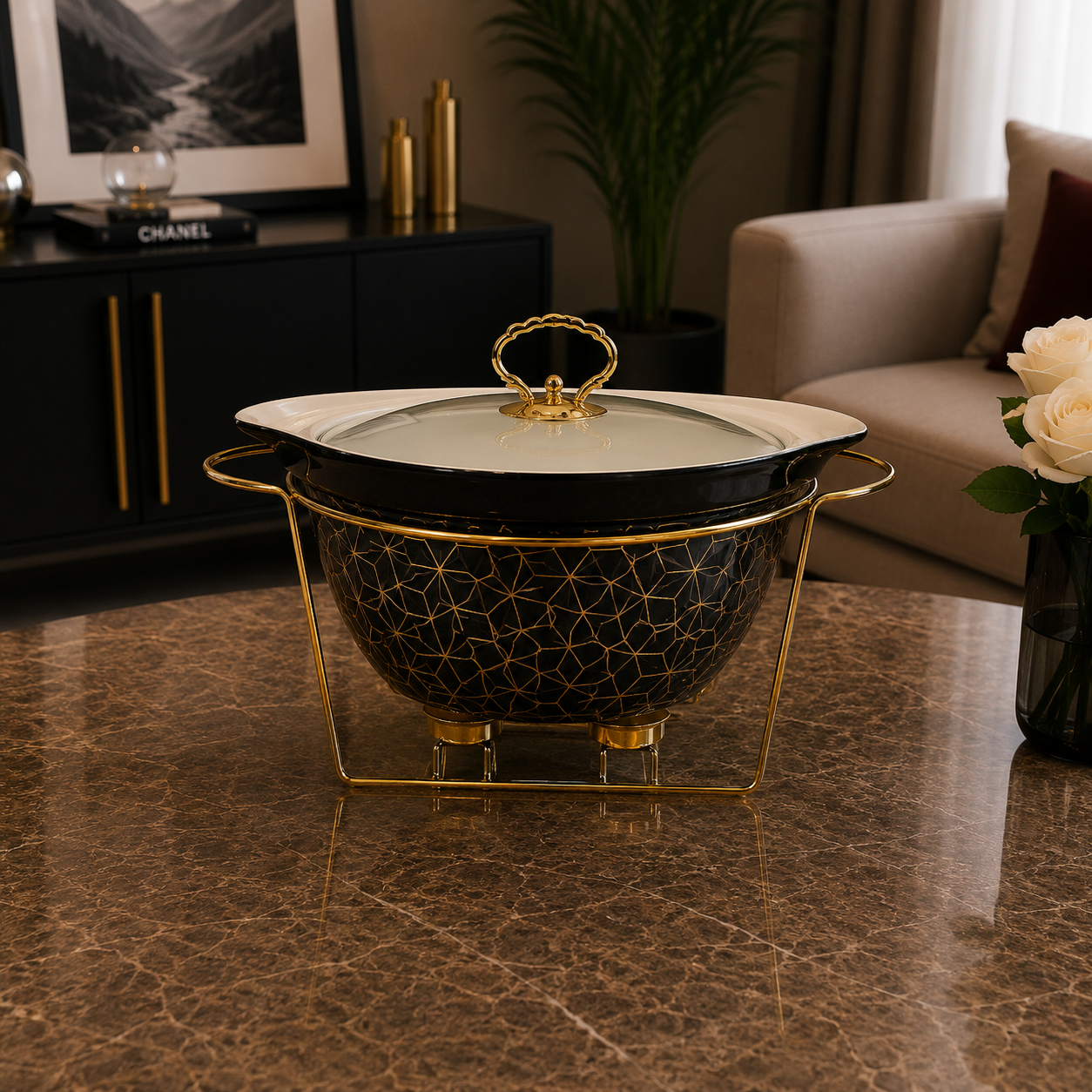 Round Black Pattern Serving Dish - 10.5 Inches