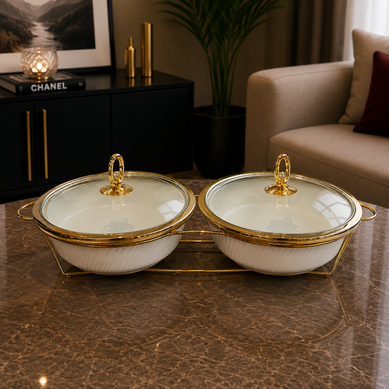Double Round White Serving Dish Set - 12 Inches