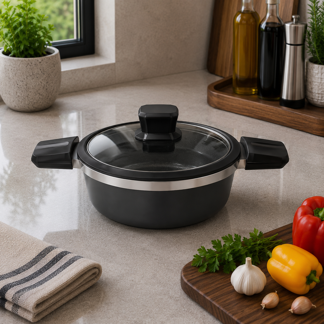 Alpenberg Pot Black/Silver with Glass Lid - 20cm