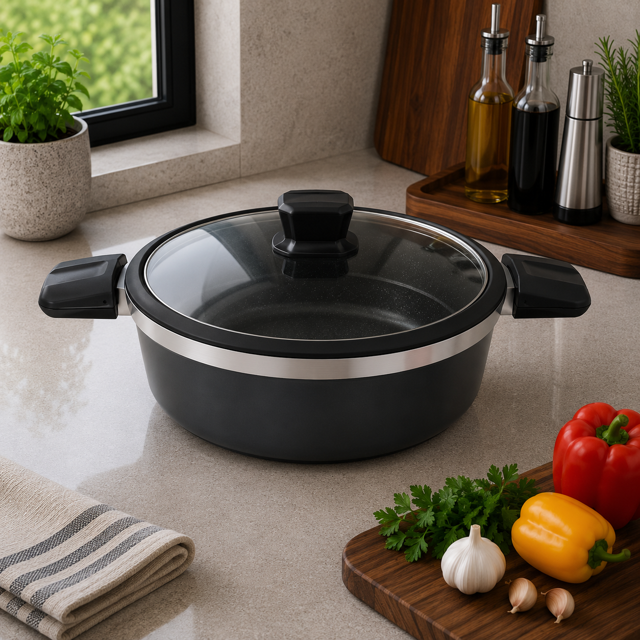 Alpenberg Pot Black/Silver with Glass Lid - 28cm
