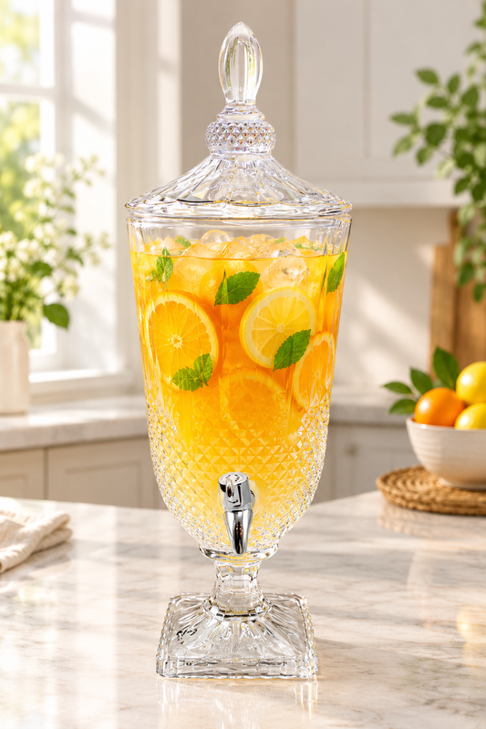 Lattice Cut Glass Beverage Dispenser with Chrome Tap