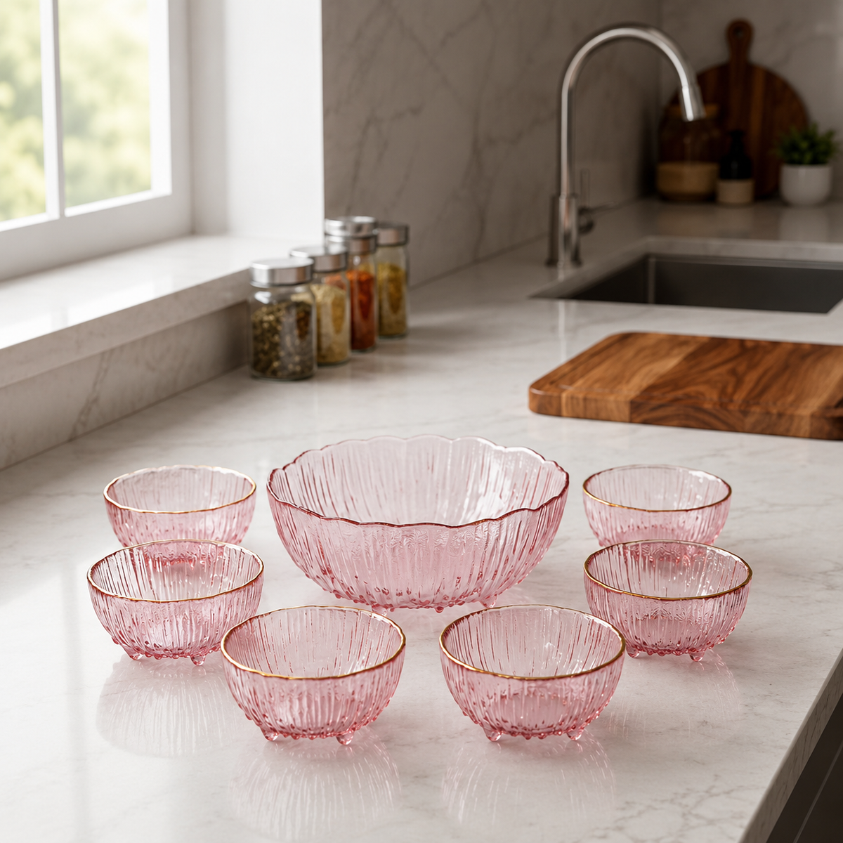 Blush Bloom Glass Bowl Set – 7 Pieces
