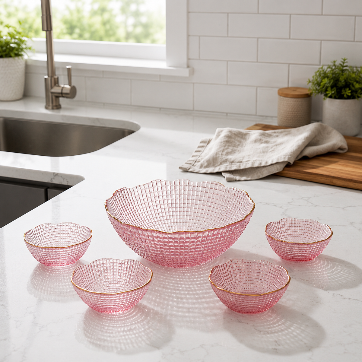 Blush Crystal Elegance Glass Bowl Set – 7 Pieces