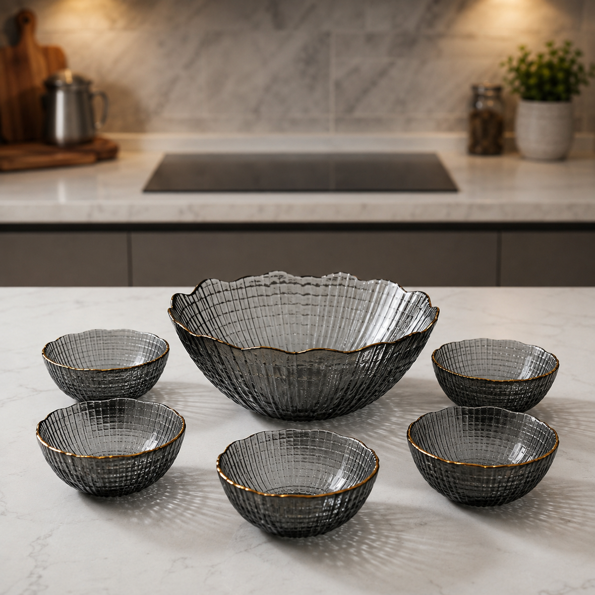 Blush Royale Crystal Glass Bowl Set – 7 Pieces