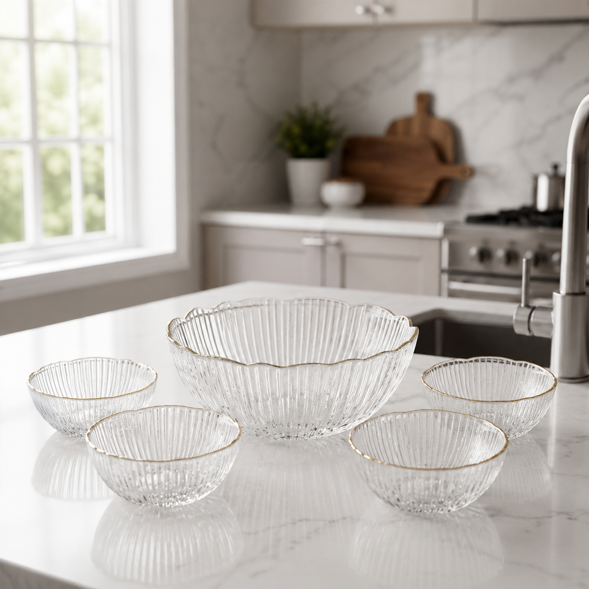 Blush Royale Crystal Glass Bowl Set – 7 Pieces
