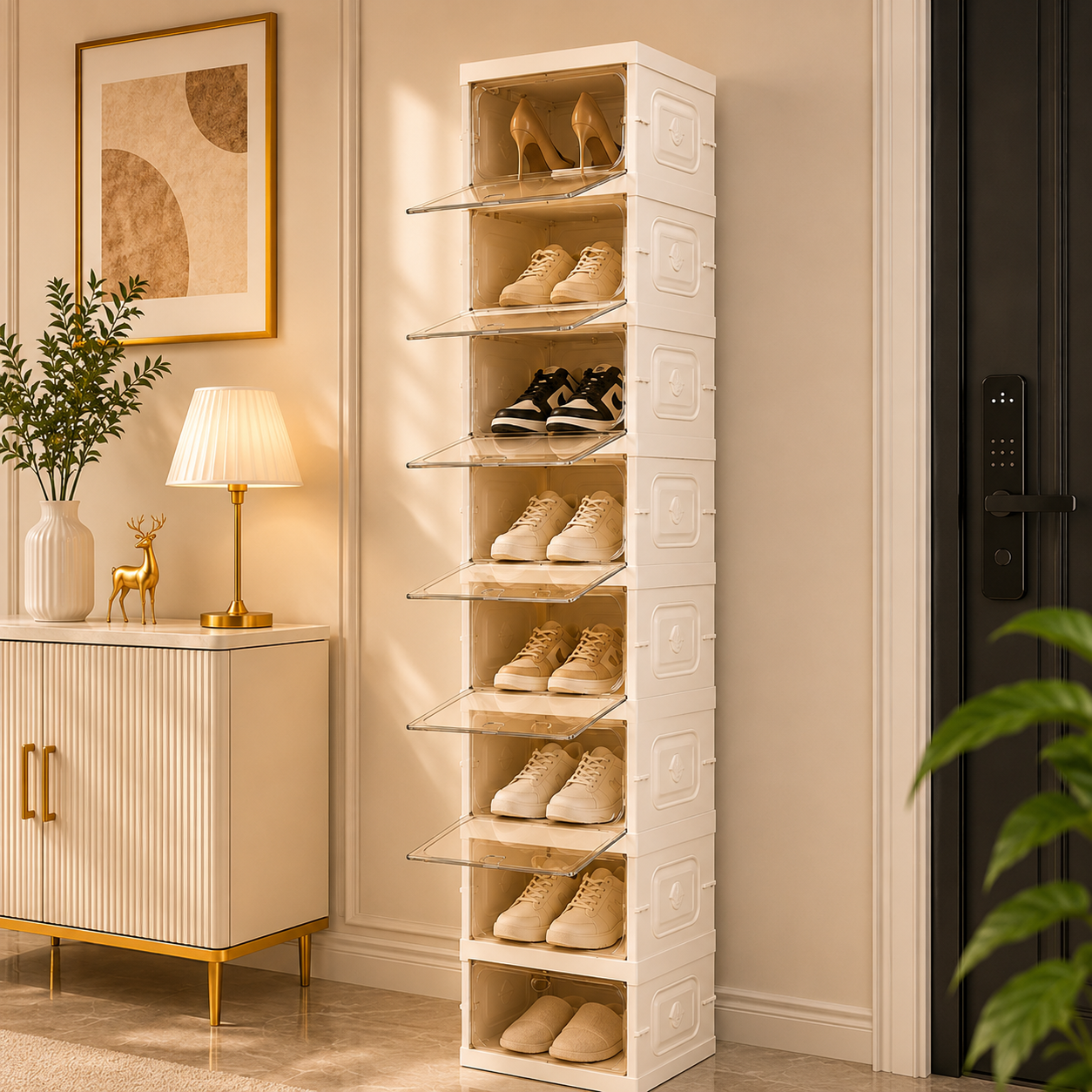9-Tier Modular Foldable Shoe Storage Cabinet with Transparent Front Doors
