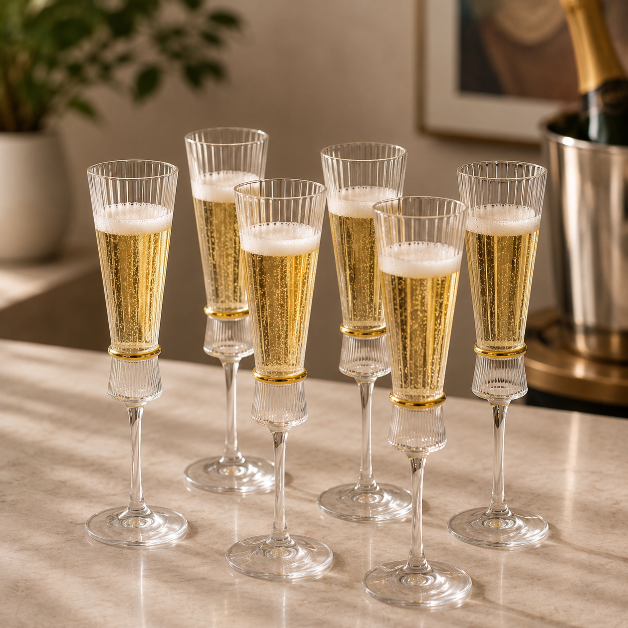 Crystal Golden Champagne Flutes – Set of 6