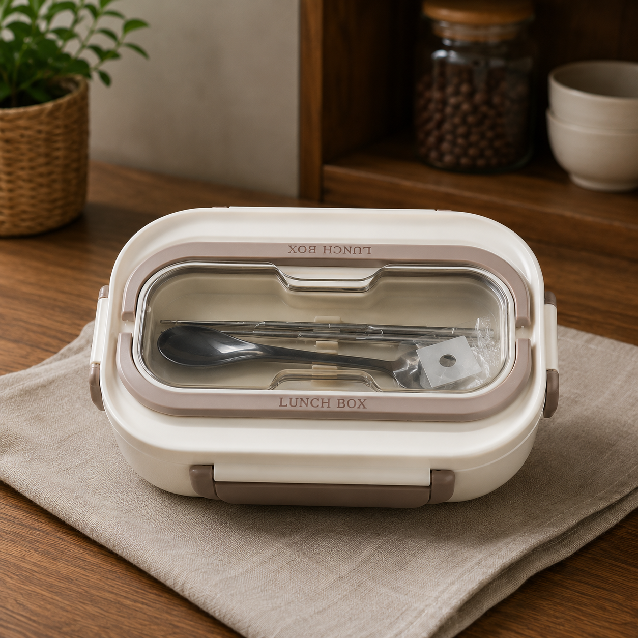 3-Compartment Bento Lunch Box with Bowl, Spoon & Fork