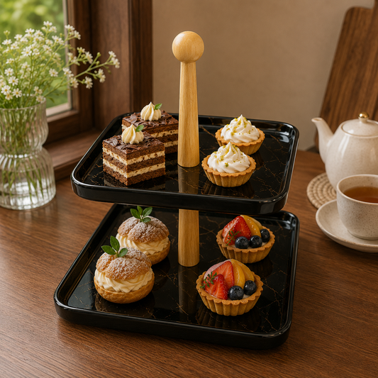 Two-Tier Black Serving Tray with Wooden Stand