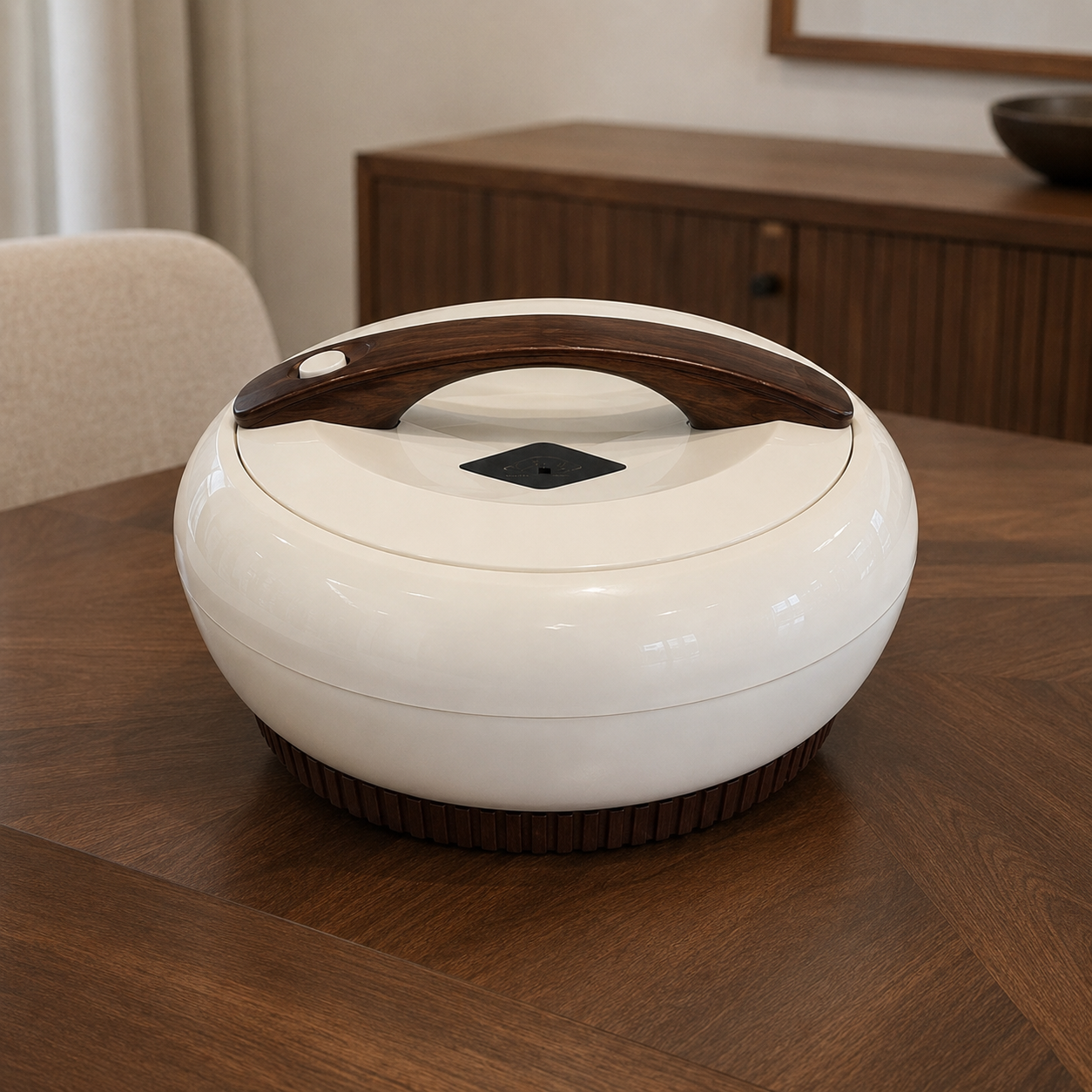 White Hot Pot with Dark Wooden Handle