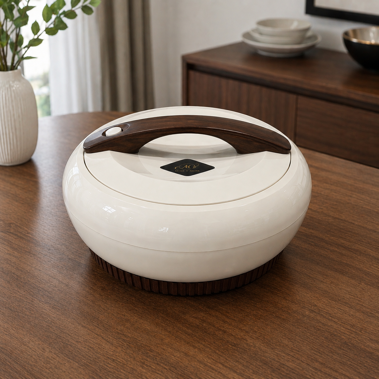 White Hot Pot with Dark Wooden Handle