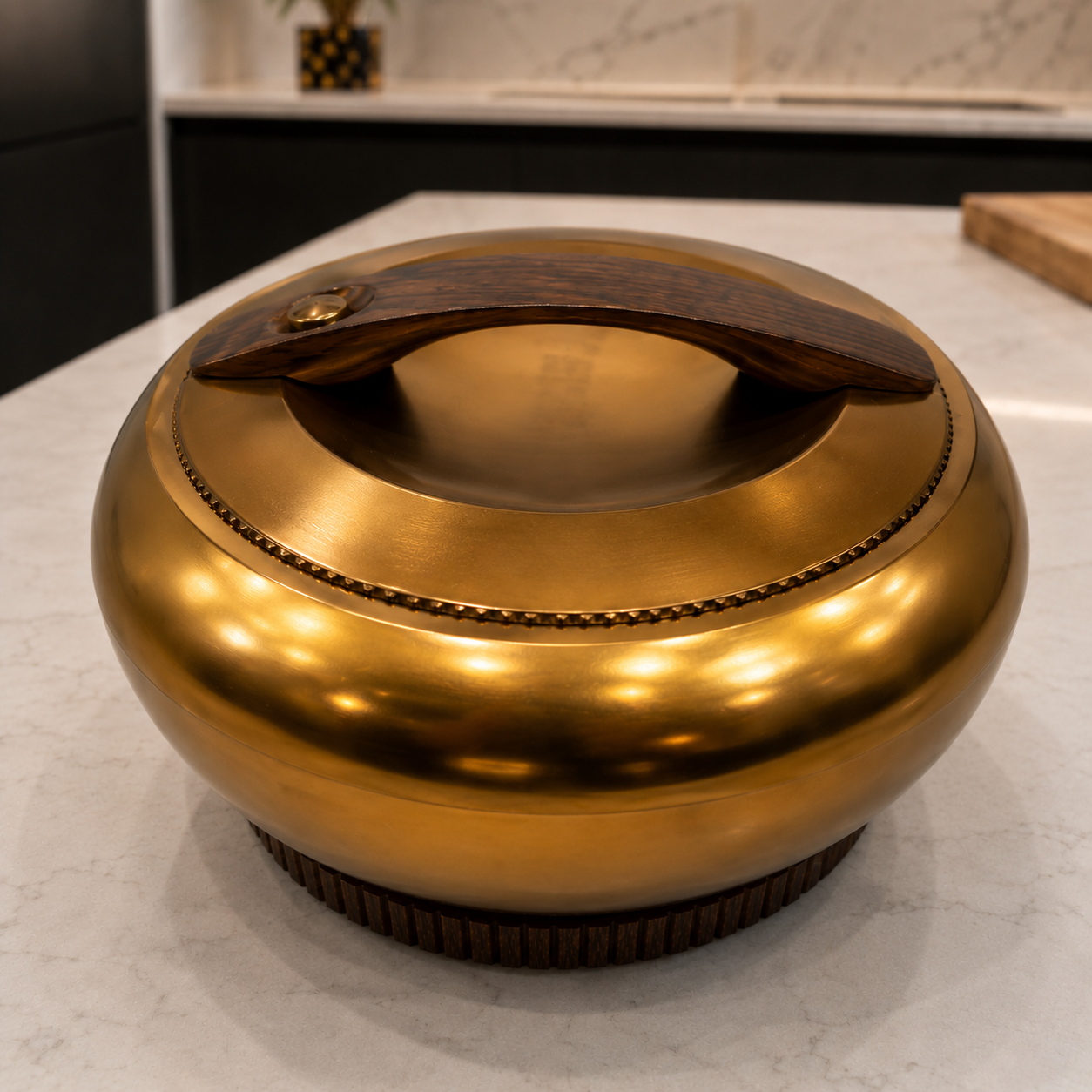 Matte Rose Gold Hotpot with Dark Wooden Base