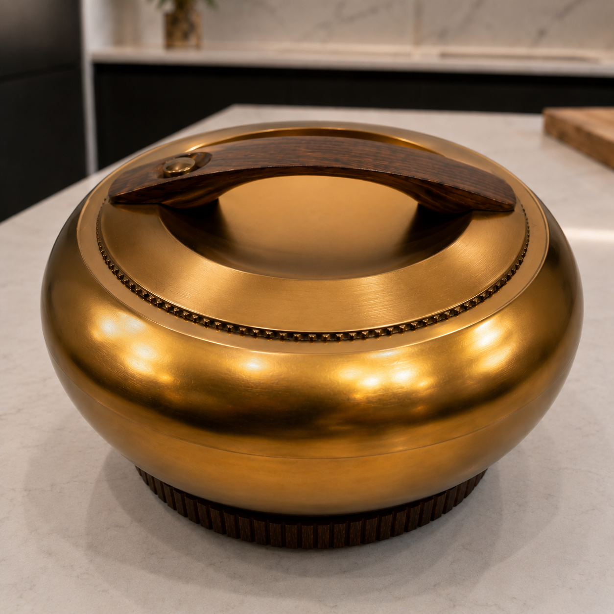 Matte Rose Gold Hotpot with Dark Wooden Base