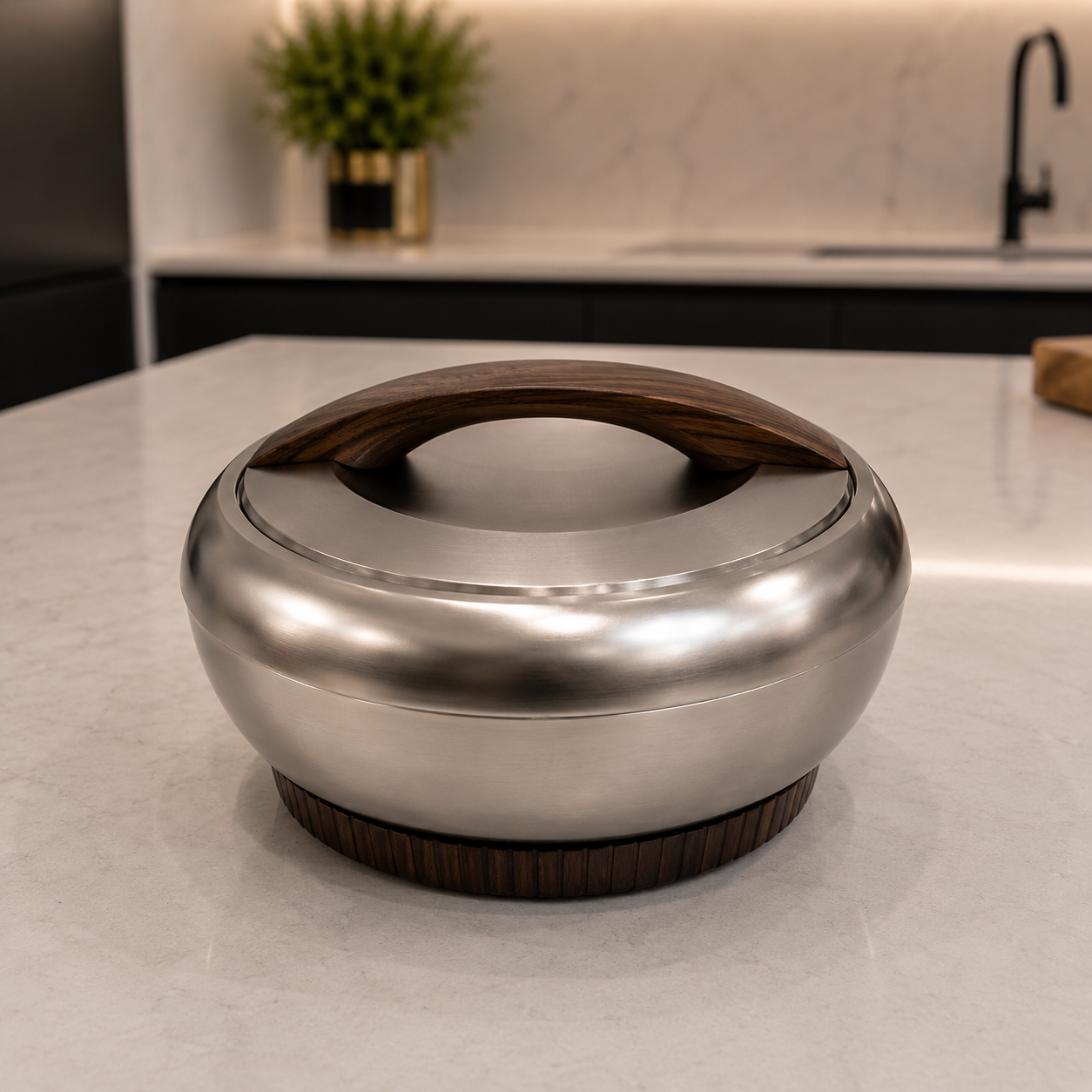 Matte Nickel Hotpot with Dark Wooden Base