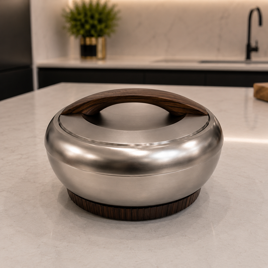 Matte Nickel Hotpot with Dark Wooden Base