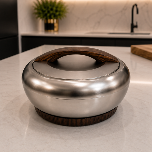 Matte Nickel Hotpot with Dark Wooden Base