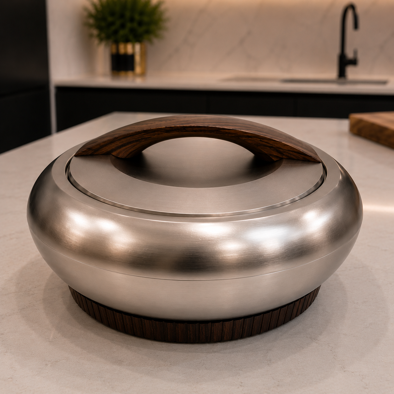 Matte Nickel Hotpot with Dark Wooden Base