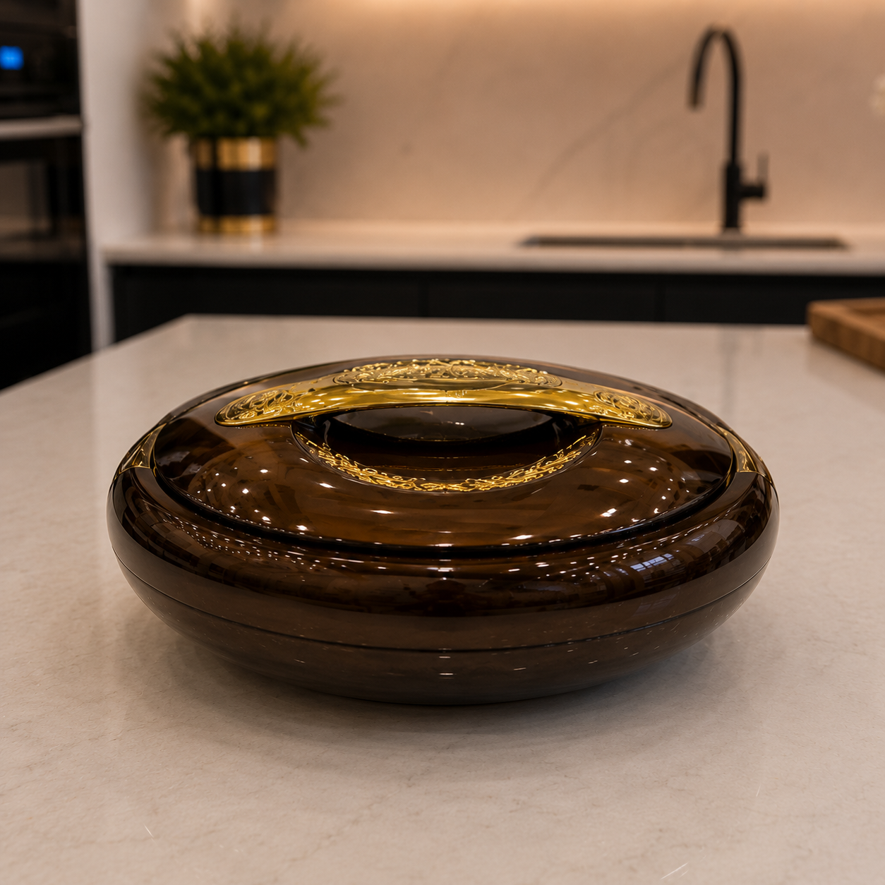 Premium Brown Glass Hotpot with Gold Decorative Lid