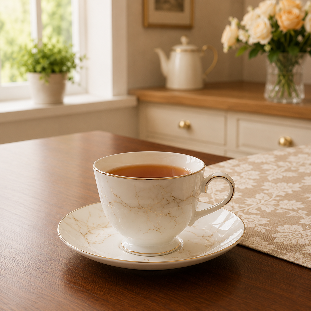 Bone China 24 Pieces Tea Set – Elegant Gold Marble Tea Cup & Saucer