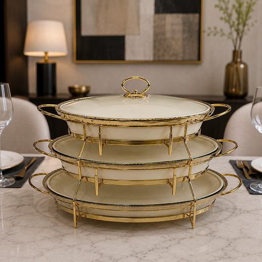 Gold Oval Serving Tray Set | White