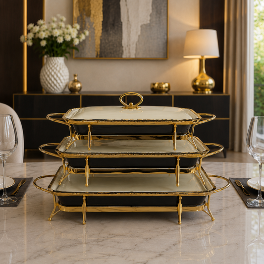 Gold & Black Rectangular Serving Tray Set