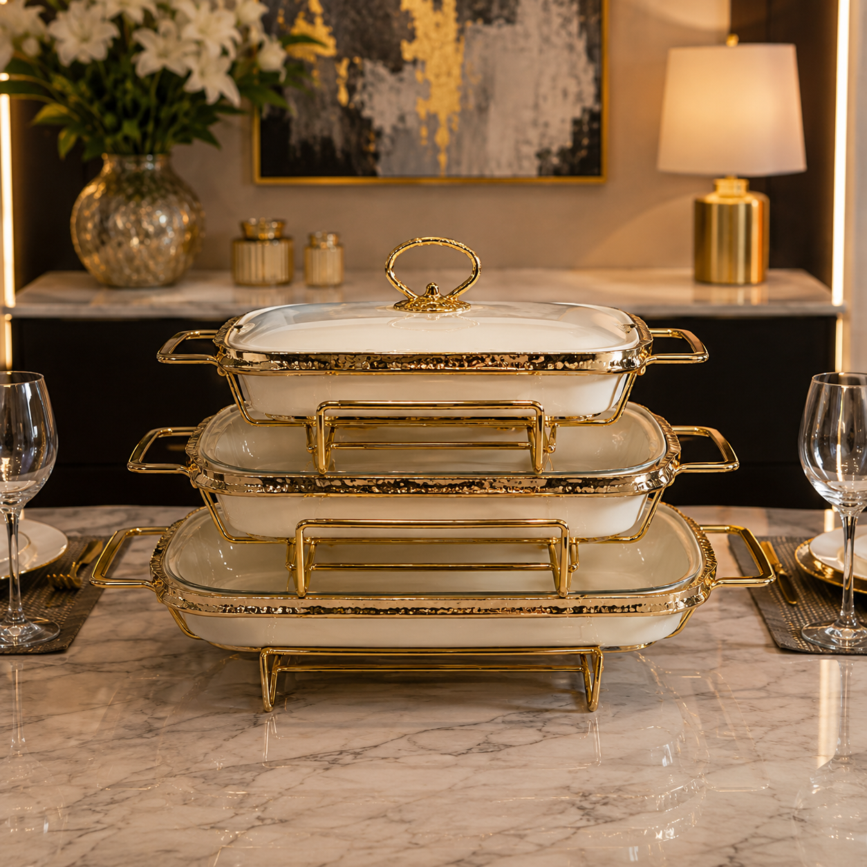 Gold & White Rectangular Serving Tray Set