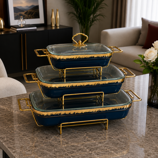 Rectangular Blue Glass Lid Serving Dish Set