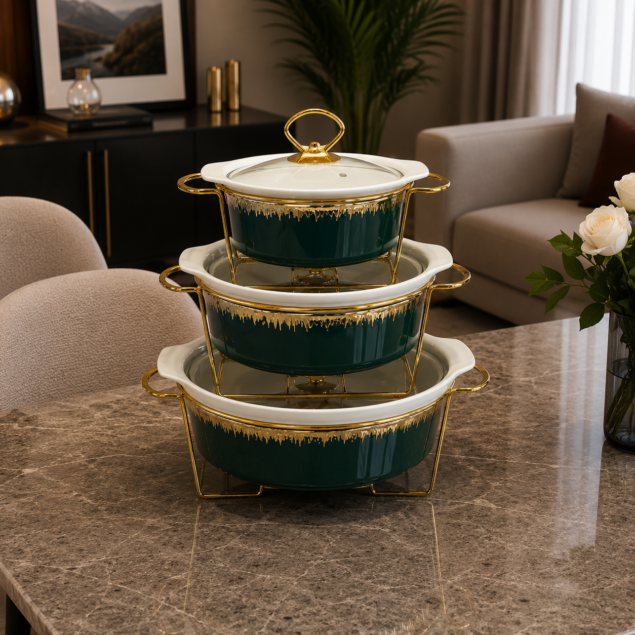 Round Green Serving Dish Set