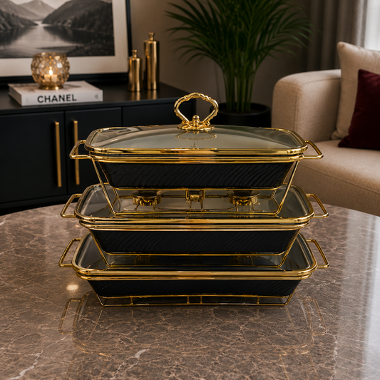Rectangular Black Glass Lid Serving Dish Set