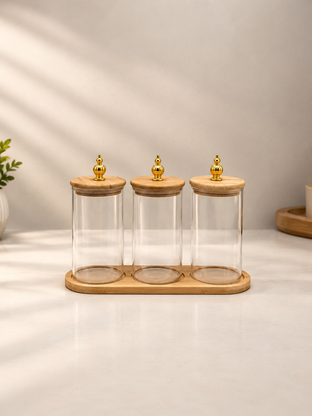 270, 320Ml Glass Container Set - 3 Piece Gold Knob Lids with Tray
