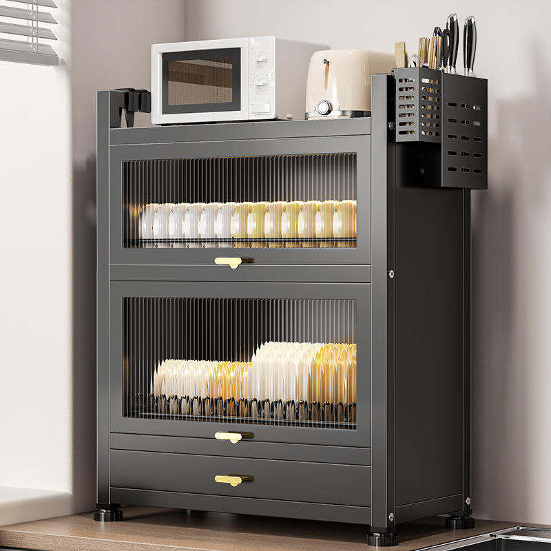 Luxe Countertop Dish Organizer Cabinet with Fluted Acrylic Display Doors
