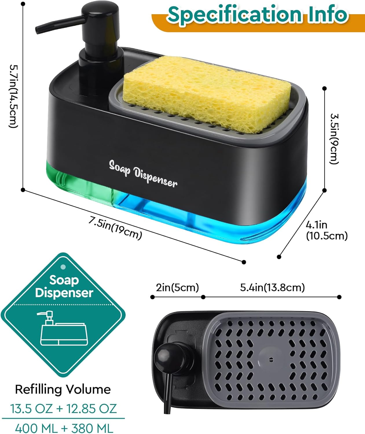 Dish Soap Dispenser and Hand Soap Dispenser Set with Sponge Holder, 3 in 1 Soap Dispenser with Dual Soap Pump for Kitchen Sink