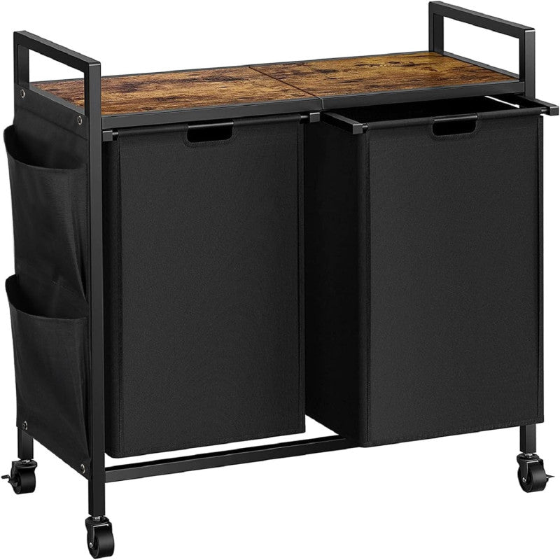 Double Laundry Hamper with Lid, Laundry Sorter with Top Shelf and 2 Removable Bags, Large Laundry Storage for Room, Black