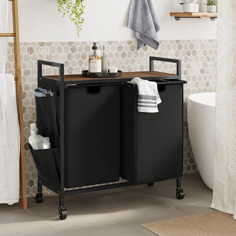 Double Laundry Hamper with Lid, Laundry Sorter with Top Shelf and 2 Removable Bags, Large Laundry Storage for Room, Black