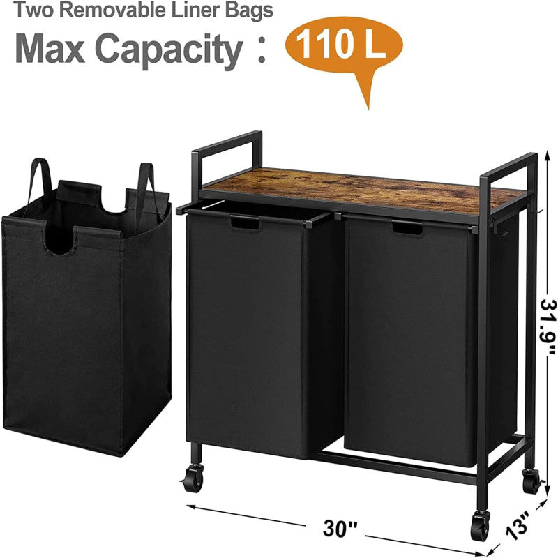 Double Laundry Hamper with Lid, Laundry Sorter with Top Shelf and 2 Removable Bags, Large Laundry Storage for Room, Black