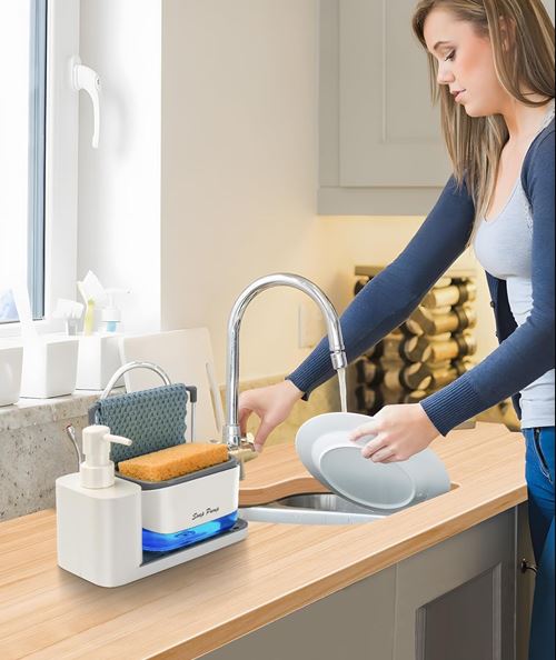 3 in 1 Hand and Dish Soap Dispenser Set with Tray, Dual Soap Dispenser with Sponge Holder and Dishcloth Holder for Kitchen Sink Countertop Storage Organizer