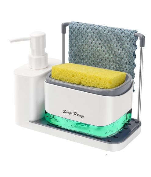 3 in 1 Hand and Dish Soap Dispenser Set with Tray, Dual Soap Dispenser with Sponge Holder and Dishcloth Holder for Kitchen Sink Countertop Storage Organizer