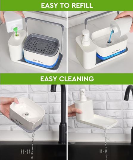 3 in 1 Hand and Dish Soap Dispenser Set with Tray, Dual Soap Dispenser with Sponge Holder and Dishcloth Holder for Kitchen Sink Countertop Storage Organizer