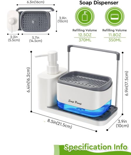 3 in 1 Hand and Dish Soap Dispenser Set with Tray, Dual Soap Dispenser with Sponge Holder and Dishcloth Holder for Kitchen Sink Countertop Storage Organizer