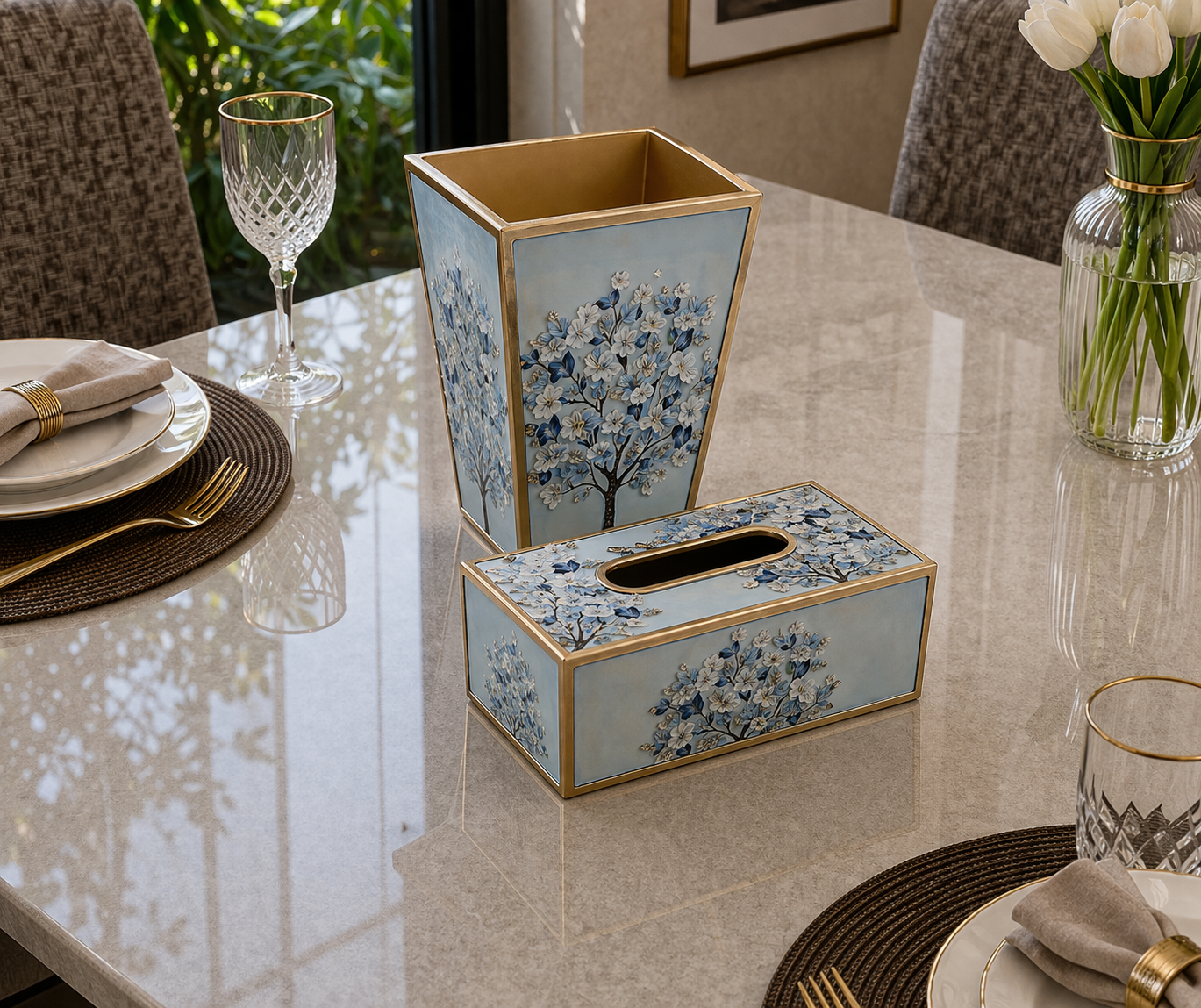Angela Elegant Blue Blossom MDF Dustbin & Tissue Box Set