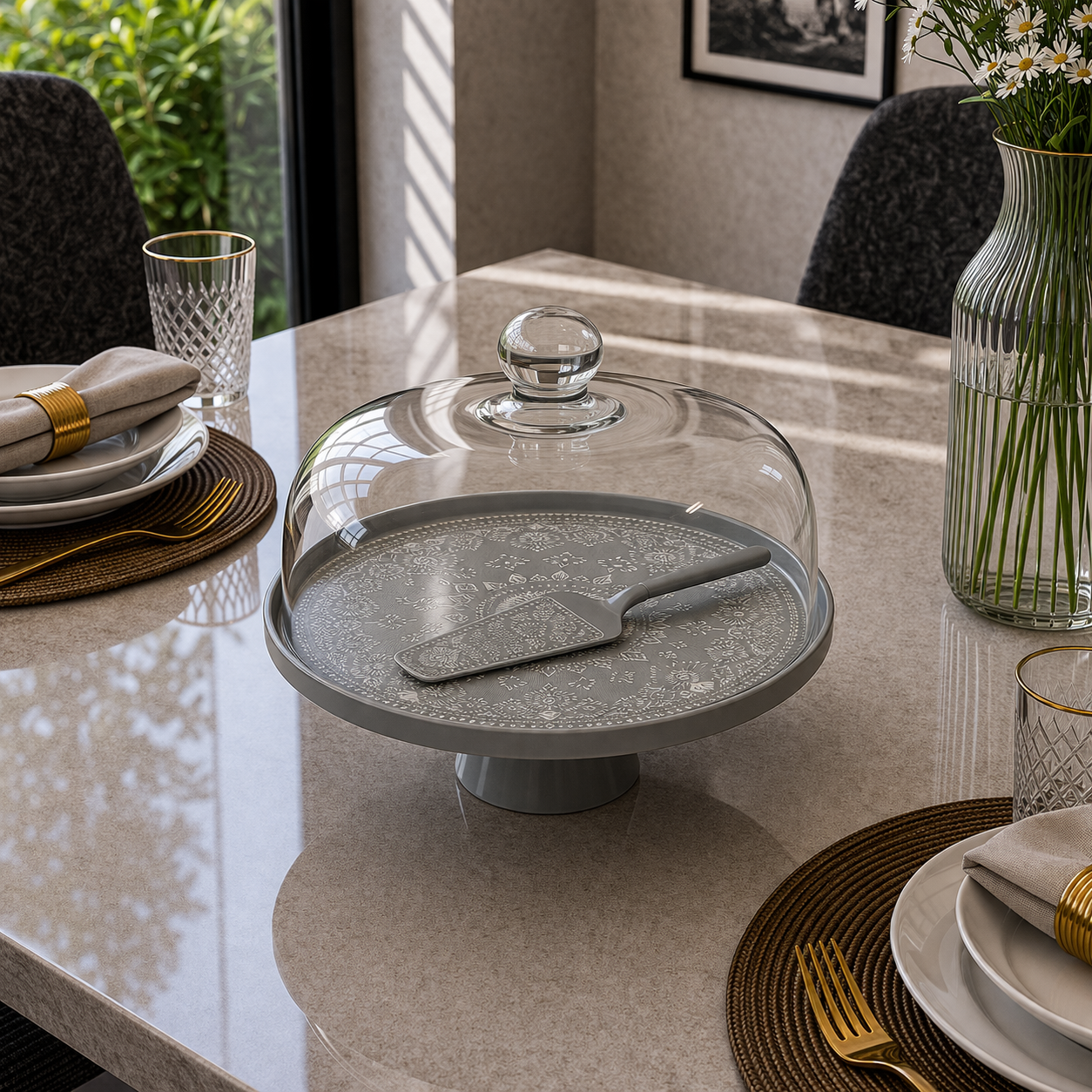 Angela Elegant Textured Grey Ceramic Cake Dome Set