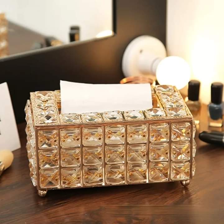 Luxury Crystal Tissue Box Cover with Gold Metal Frame | Handcrafted Octagonal Crystal Décor Holder for Vanity, Bathroom, Office & Living Room