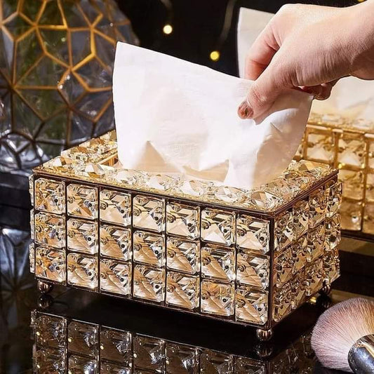 Luxury Crystal Tissue Box Cover with Gold Metal Frame | Handcrafted Octagonal Crystal Décor Holder for Vanity, Bathroom, Office & Living Room