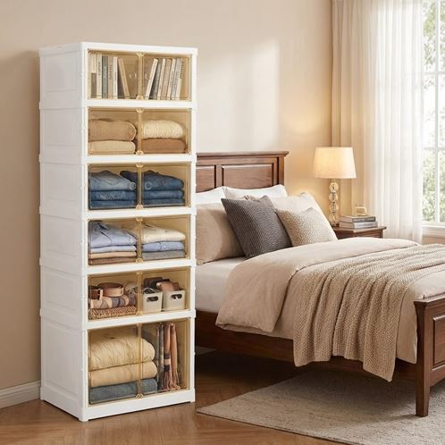 Modern Foldable Kitchen Pantry Bedroom Dining Room Organizer Cabinet – Stackable Storage Organizer with Clear Doors