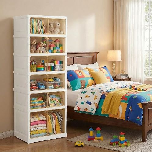 Modern Foldable Kitchen Pantry Bedroom Dining Room Organizer Cabinet – Stackable Storage Organizer with Clear Doors