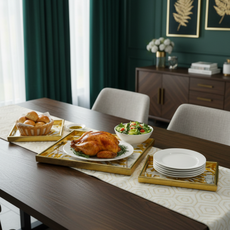 Luxury 3-Piece Gold Leaf And White Marble Pattern Serving Tray Set