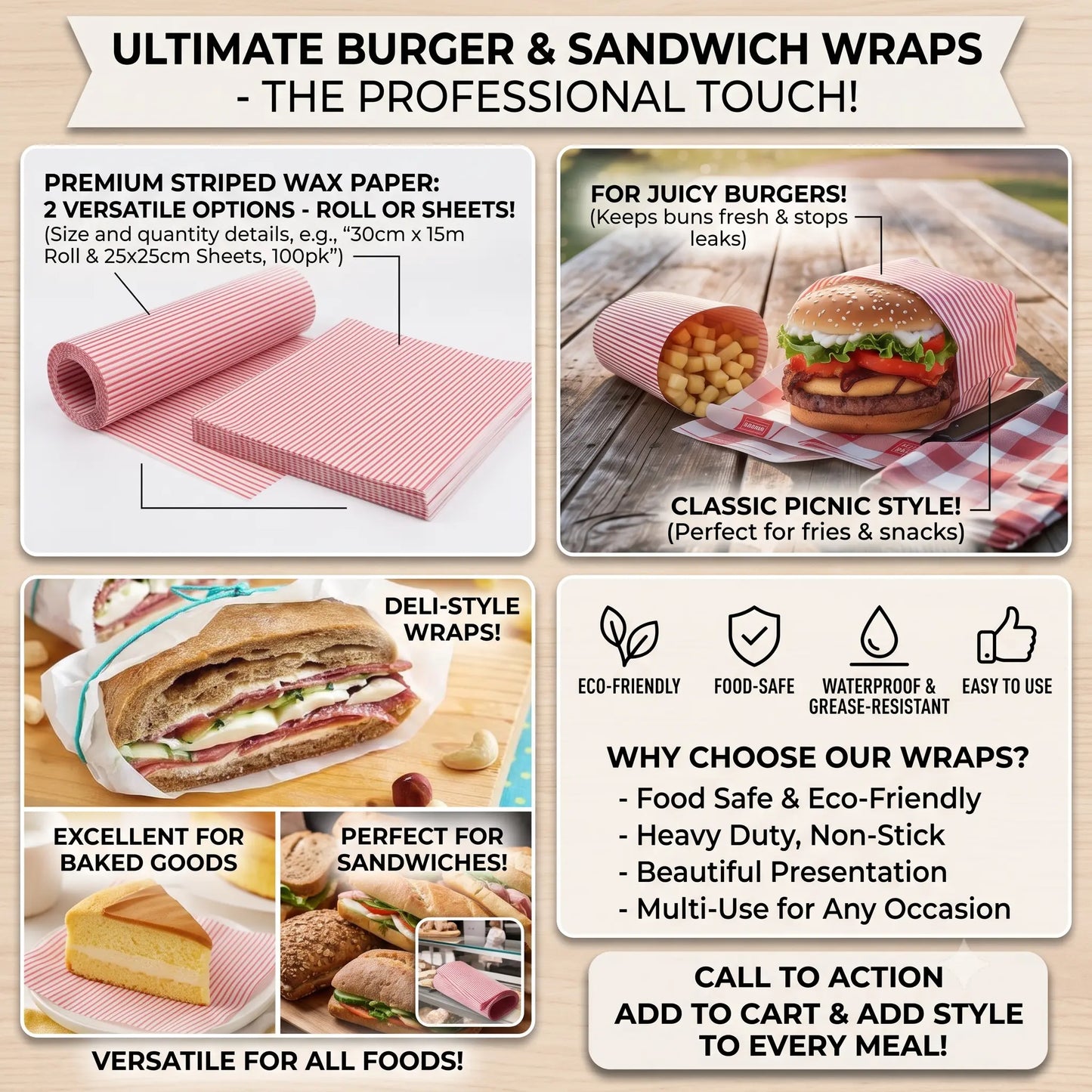 Food Grade Wax Paper Sheets – 50 Pcs Grease-Proof Food Wrapping Paper